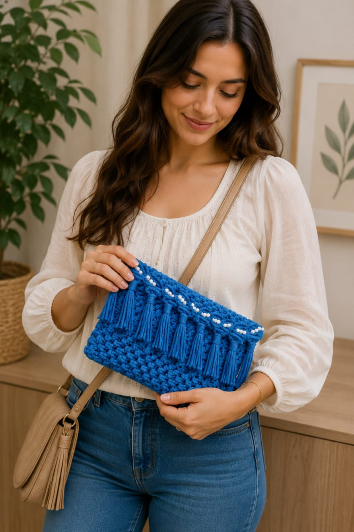 Indigo pearl clutch